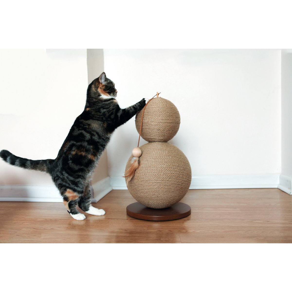 Cat standing on its hind legs and scratching the upper jute-wrapped ball of the Rosewood Catwalk Collection Coriander scratcher.