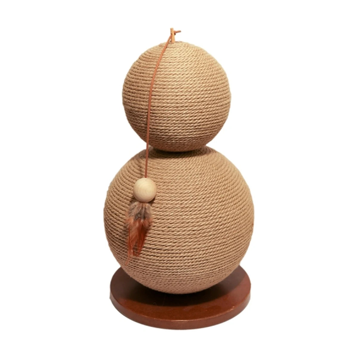 Rosewood Catwalk Collection Coriander cat scratcher with two natural jute-wrapped balls, dangling feather teaser and round wooden base.