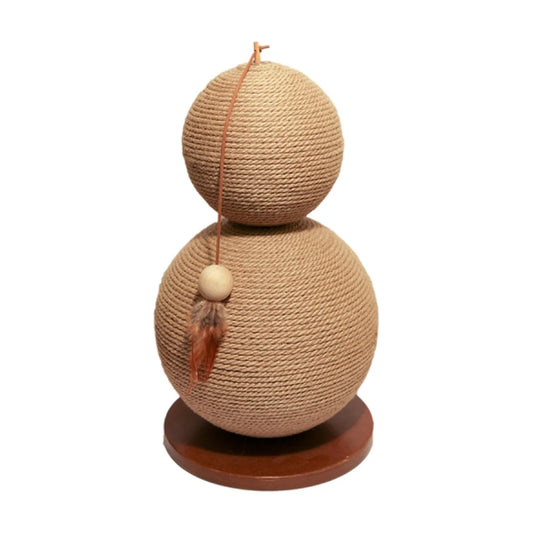 Rosewood Catwalk Collection Coriander cat scratcher with two natural jute-wrapped balls, dangling feather teaser and round wooden base.