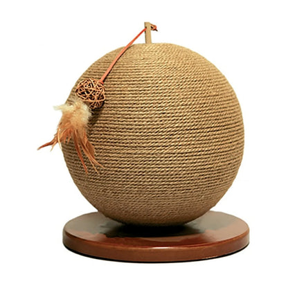Rosewood Catwalk Collection Parsley rounded jute cat scratcher with wooden base and removable teaser on a white background