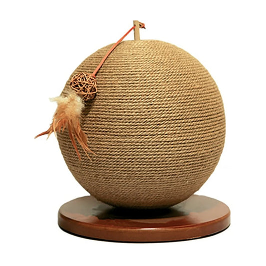 Rosewood Catwalk Collection Parsley rounded jute cat scratcher with wooden base and removable teaser on a white background