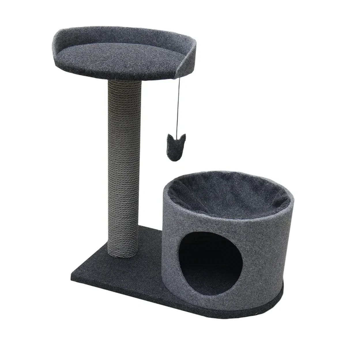 Rosewood charcoal felt cat house with raised perch, scratching post and hanging catnip teaser on a white background