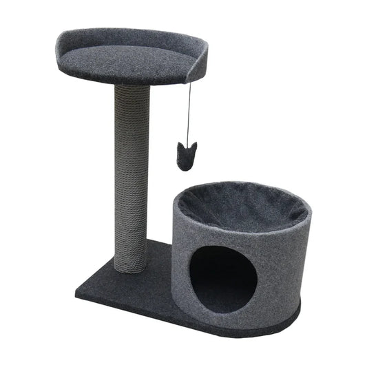 Rosewood charcoal felt cat house with raised perch, scratching post and hanging catnip teaser on a white background