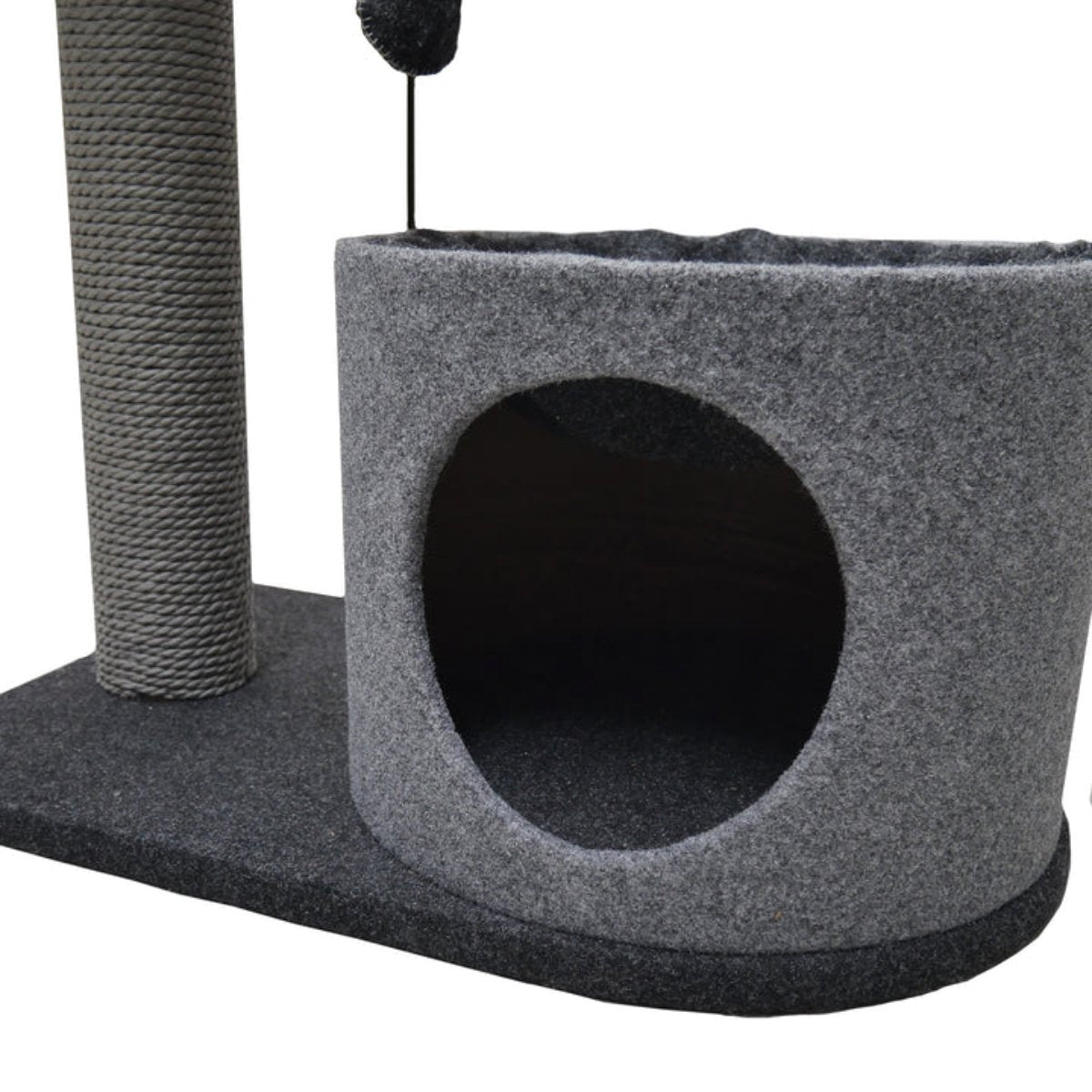 Close-up of the enclosed cat house entrance and plaited paper-rope scratching post