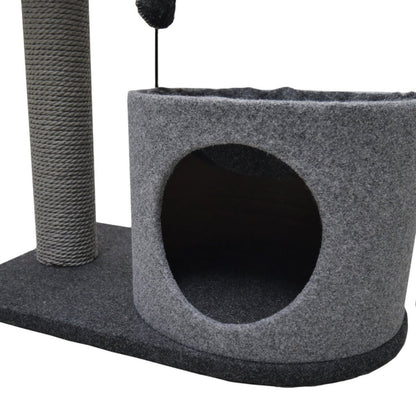 Close-up of the enclosed cat house entrance and plaited paper-rope scratching post