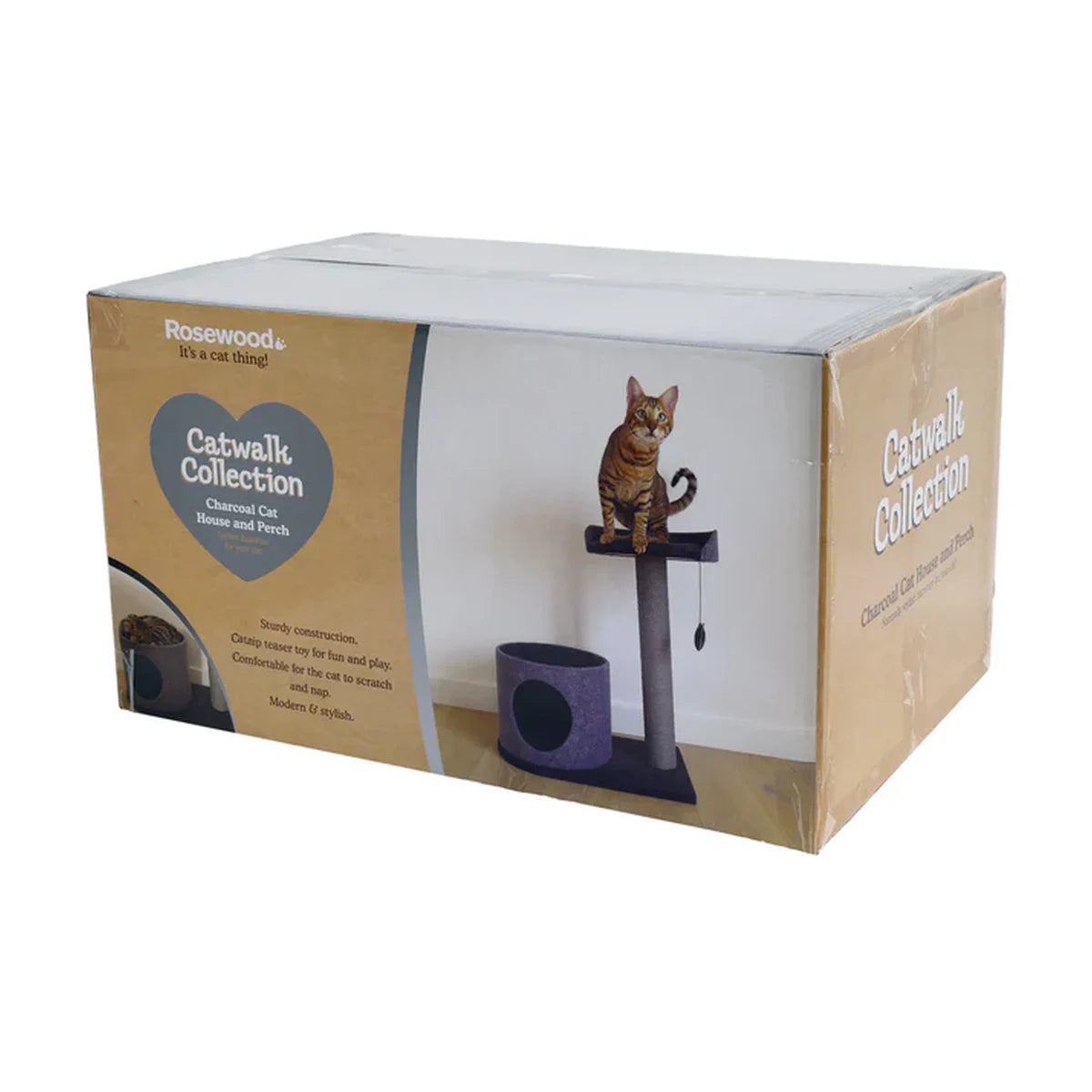 Rosewood Catwalk Collection Charcoal Cat House and Perch shown in its retail box