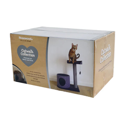 Rosewood Catwalk Collection Charcoal Cat House and Perch shown in its retail box