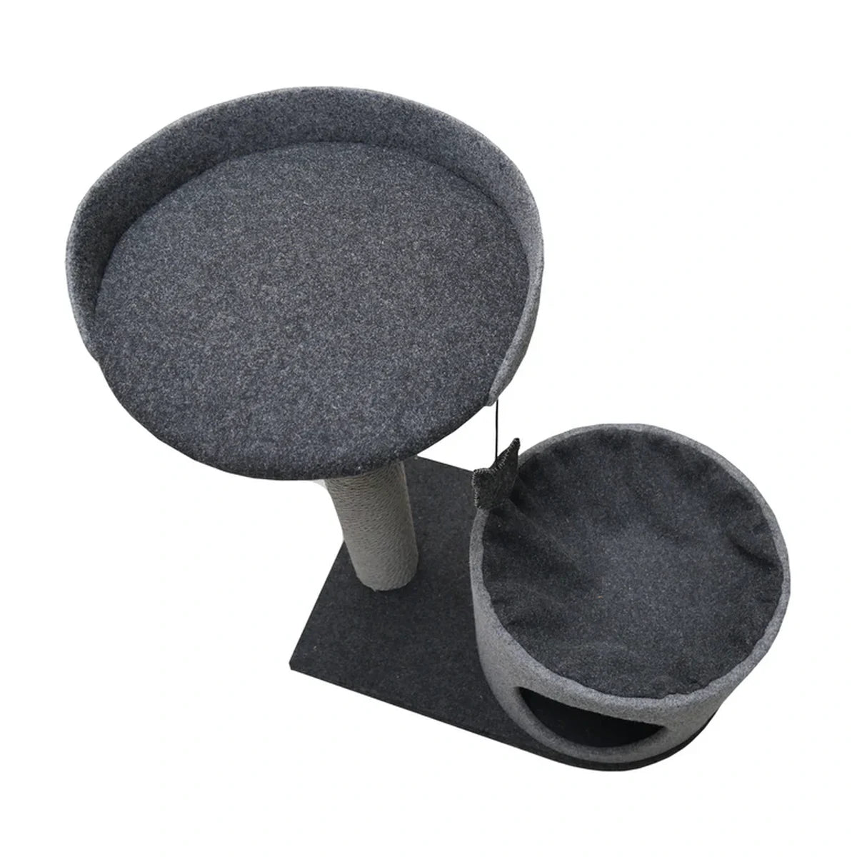 Angled top view of the Rosewood charcoal felt cat house, raised perch, scratching post and hanging teaser