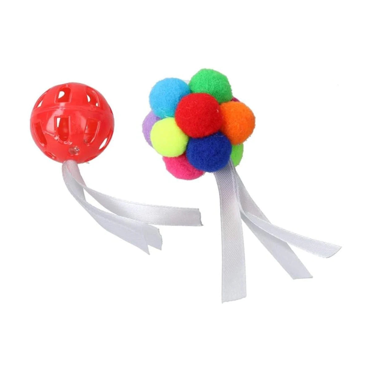 Two Rosewood Festive Ball Gift Box cat toys showing a red slotted ball and a colourful pom-pom cluster ball, both with silver ribbon tails.