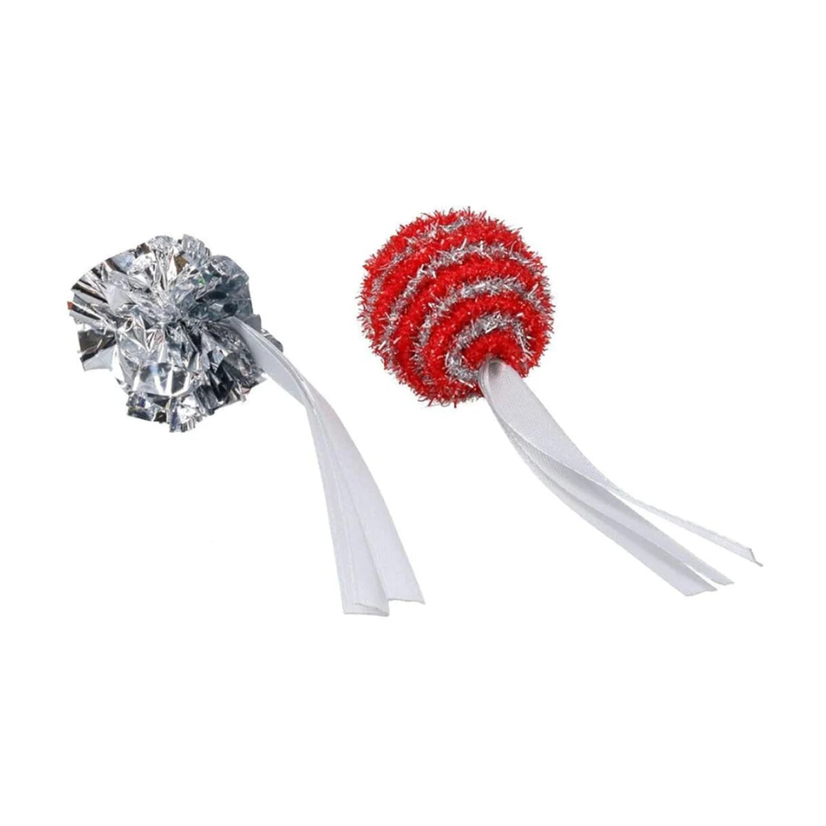 Two festive Rosewood cat play balls showing a shiny silver crinkle ball and a red and silver striped tinsel ball with trailing silver ribbons.