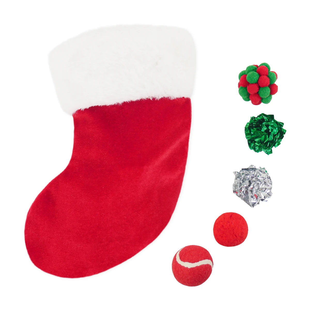Rosewood Christmas Cat Toy Stocking with a red stocking and five assorted cat balls in festive red, green and silver, displayed on a white background.