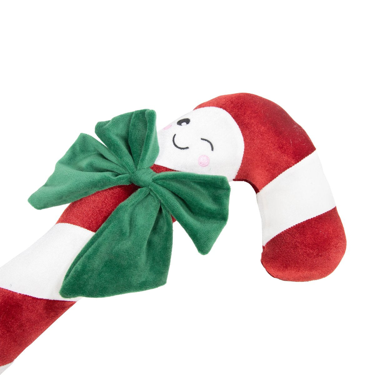Close-up of Rosewood Clark Candy Cane Christmas dog toy showing the red and white candy cane design, embroidered smiling face and green plush bow.