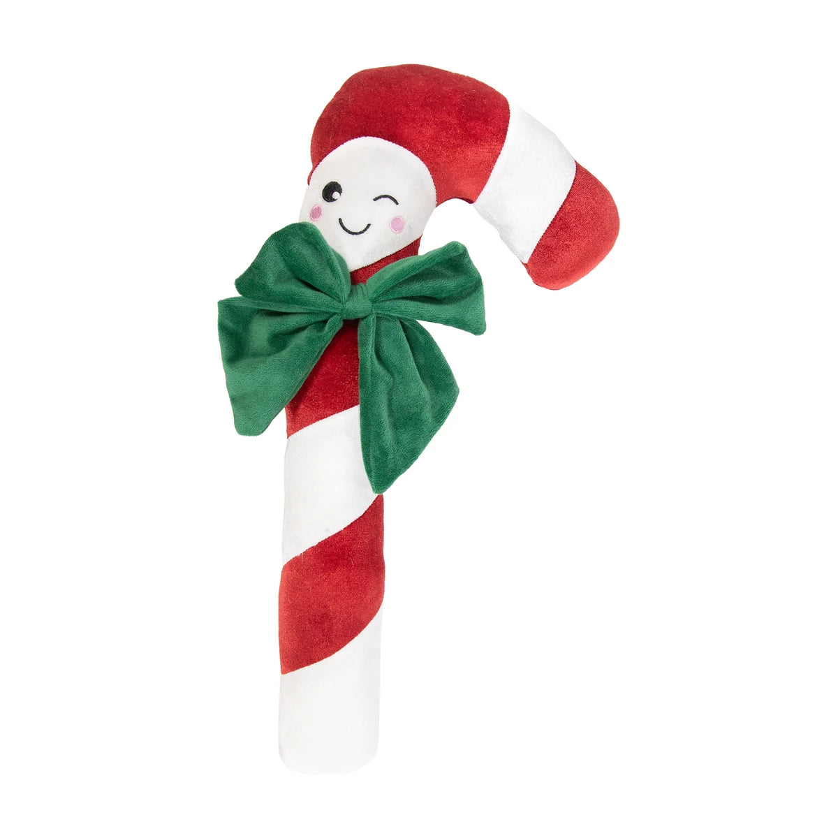 Rosewood Clark Candy Cane XL Christmas dog toy with red and white plush stripes, smiling face and large green bow, designed for larger dogs.