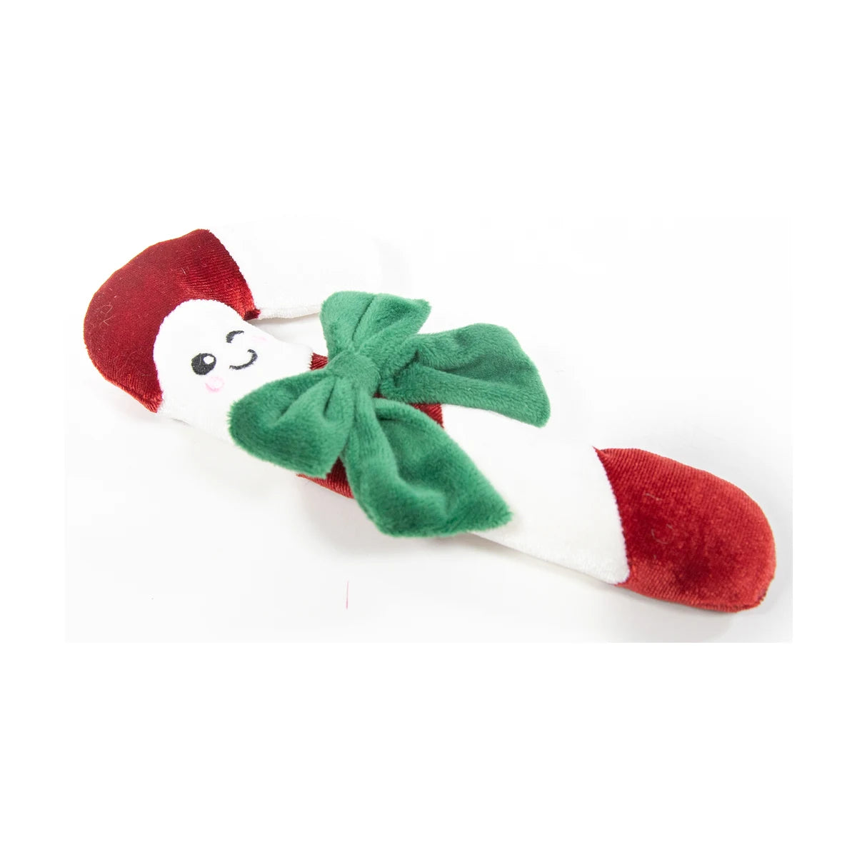 Angled view of Rosewood Claude Candy Cane festive cat kicker toy showing its red and white velvet candy cane design and oversized green bow.