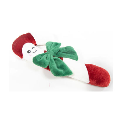 Angled view of Rosewood Claude Candy Cane festive cat kicker toy showing its red and white velvet candy cane design and oversized green bow.