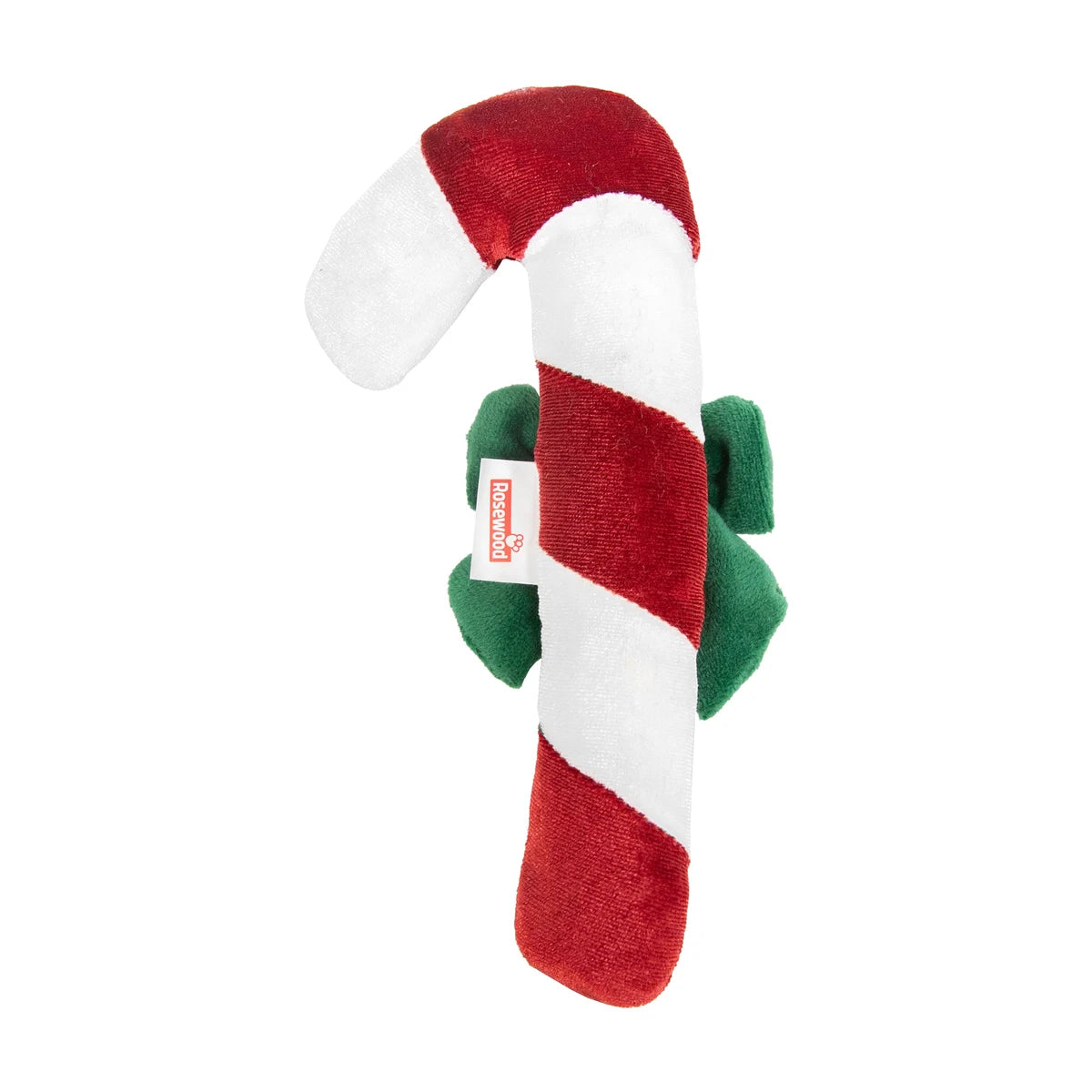 Back view of Rosewood Claude Candy Cane Christmas cat toy showing the red and white velvet stripes, green bow and Rosewood fabric label.