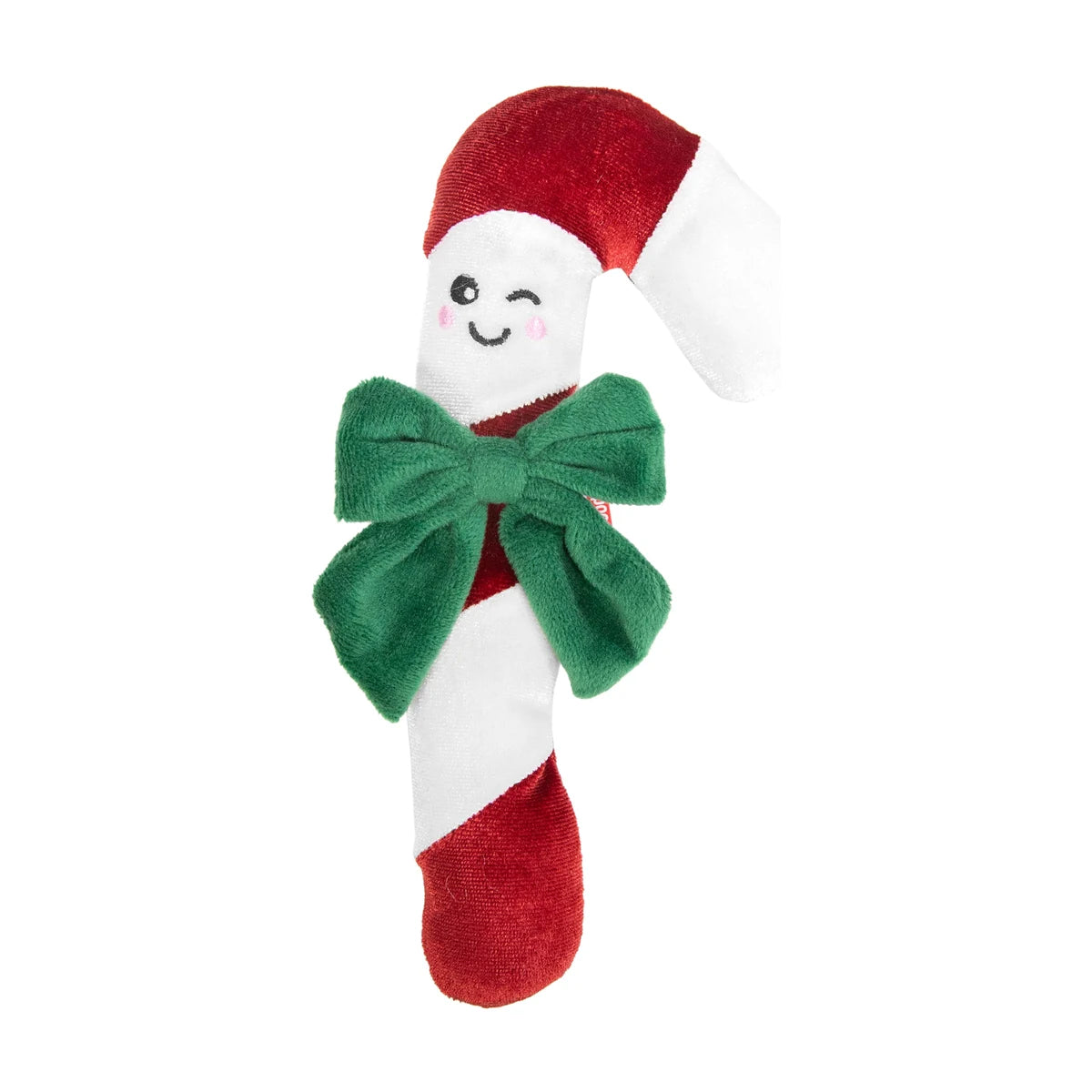 Rosewood Claude Candy Cane Christmas catnip toy, red and white velvet candy cane with smiling face and large green bow, front view on white background.