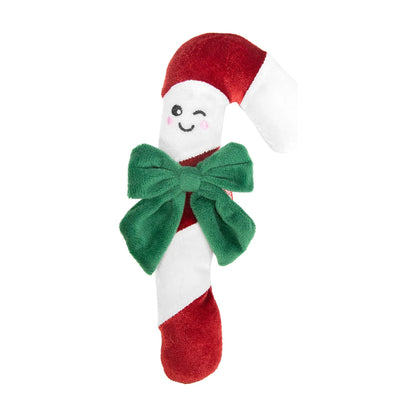 Rosewood Claude Candy Cane Christmas catnip toy, red and white velvet candy cane with smiling face and large green bow, front view on white background.