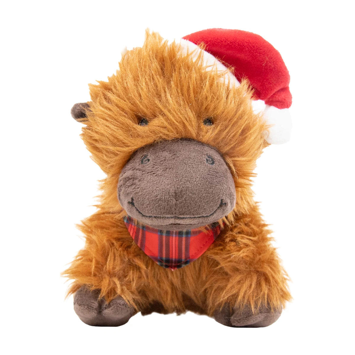 Rosewood Clifford Cow Christmas plush dog toy with shaggy brown fur, brown muzzle, red Santa hat and tartan bandana, featuring rope core, crinkle texture and squeaker.