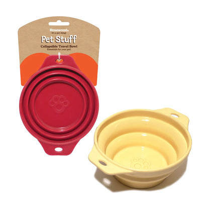 Rosewood Collapsible Travel Pet Bowl with packaging and expanded bowl