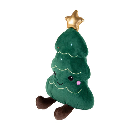 Angled view of the Rosewood Cosmo Christmas Tree squeaky plush dog toy showing its soft green tree-shaped body, embroidered ornaments, gold star and brown feet.