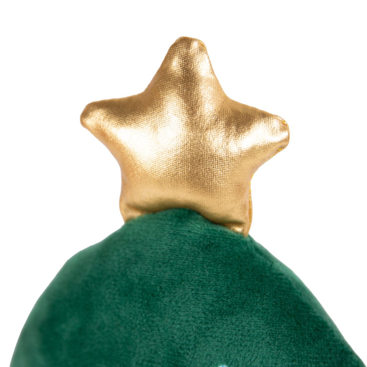 Close-up of the metallic gold star on top of the Rosewood Cosmo Christmas Tree plush dog toy, showing the shiny fabric and soft green plush texture.