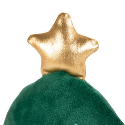 Close-up of the metallic gold star on top of the Rosewood Cosmo Christmas Tree plush dog toy, showing the shiny fabric and soft green plush texture.