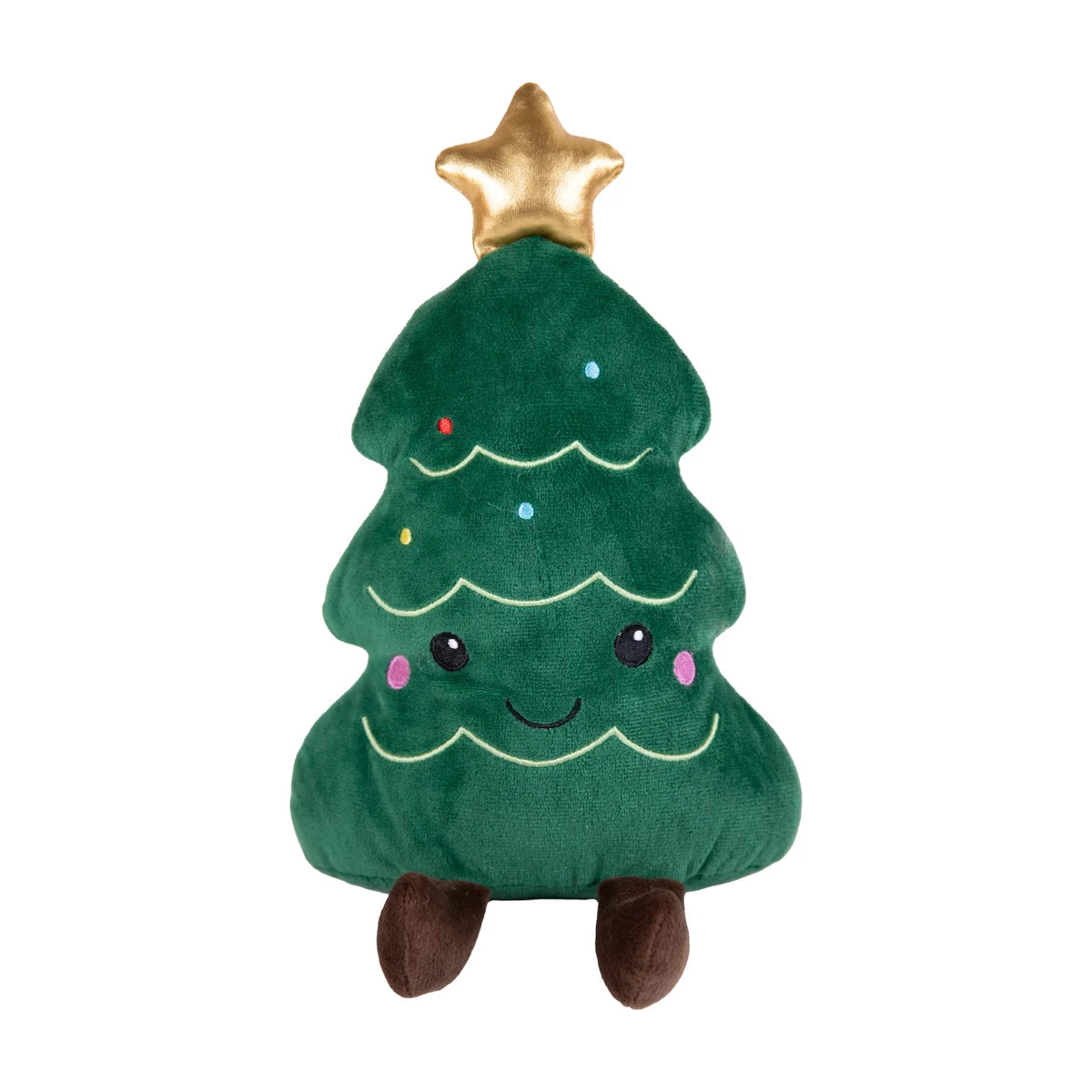 Rosewood Cosmo Christmas Tree plush dog toy front view, showing a smiling green tree with embroidered decorations, metallic gold star and brown feet on a white background.