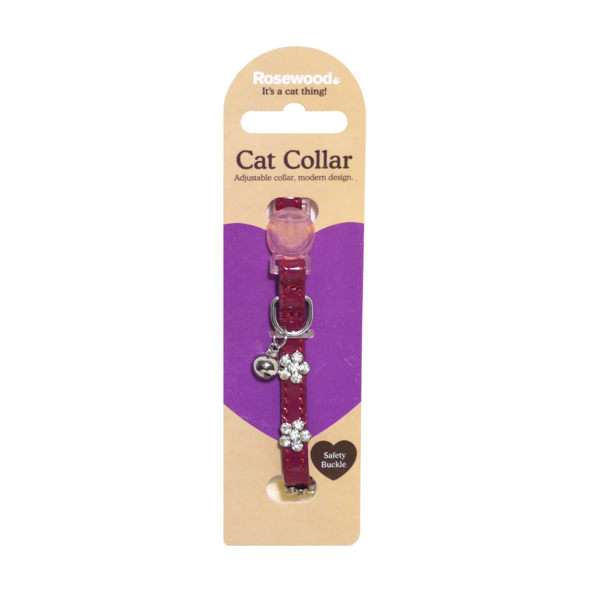 Rosewood adjustable damson safety cat collar with diamante flowers and bell in packaging