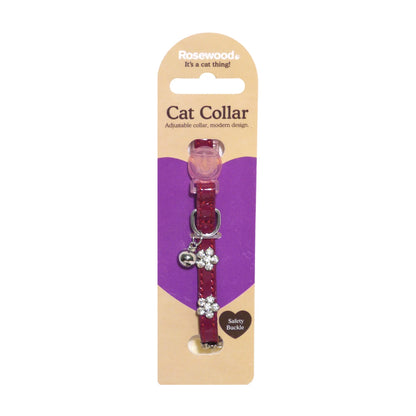 Rosewood adjustable damson safety cat collar with diamante flowers and bell in packaging