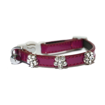 Rosewood damson diamante safety cat collar with flower studs and removable bell