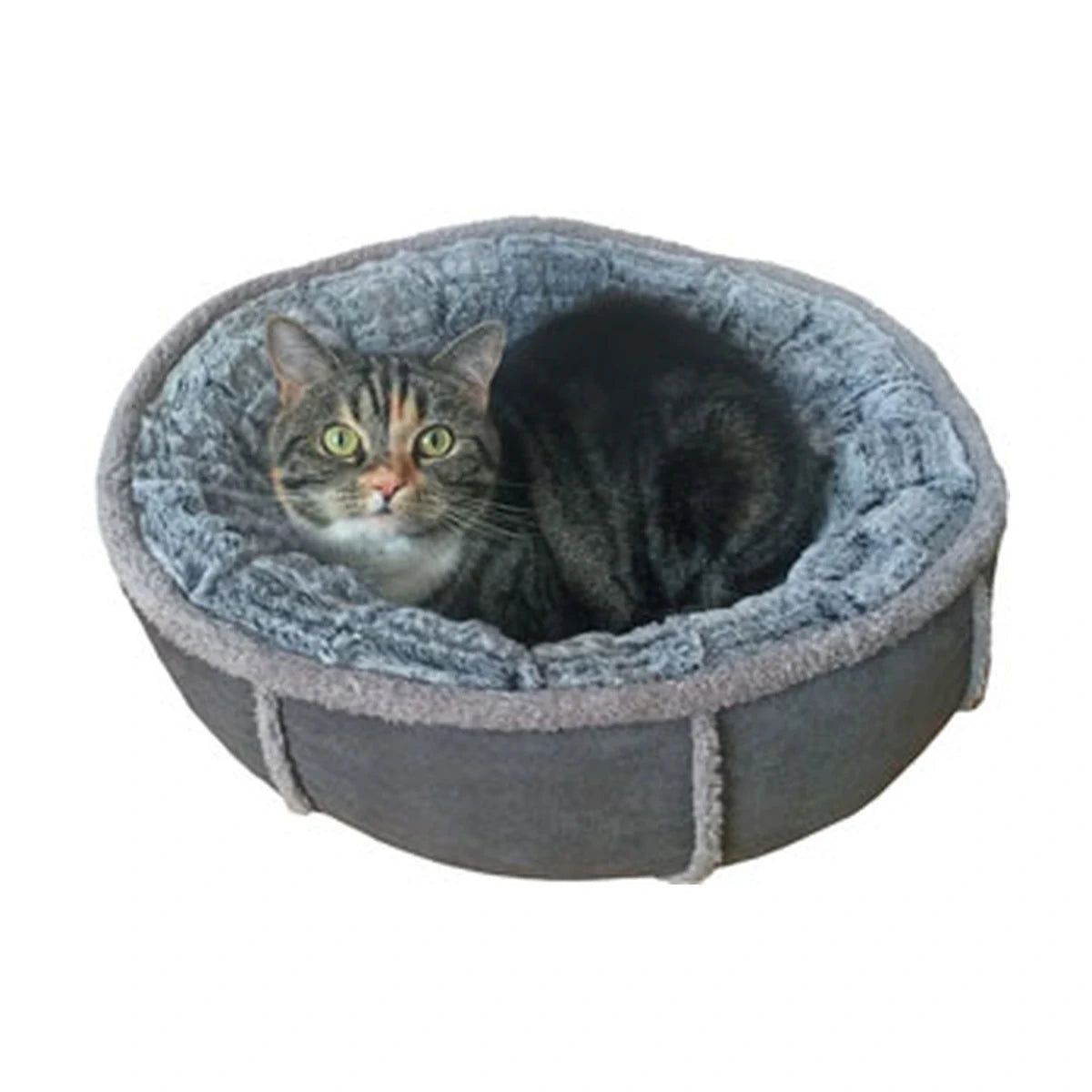 Tabby cat curled up inside the Rosewood Deep Plush Grey Donut Cat Bed, showing its soft textured interior and deep cushioned sides.