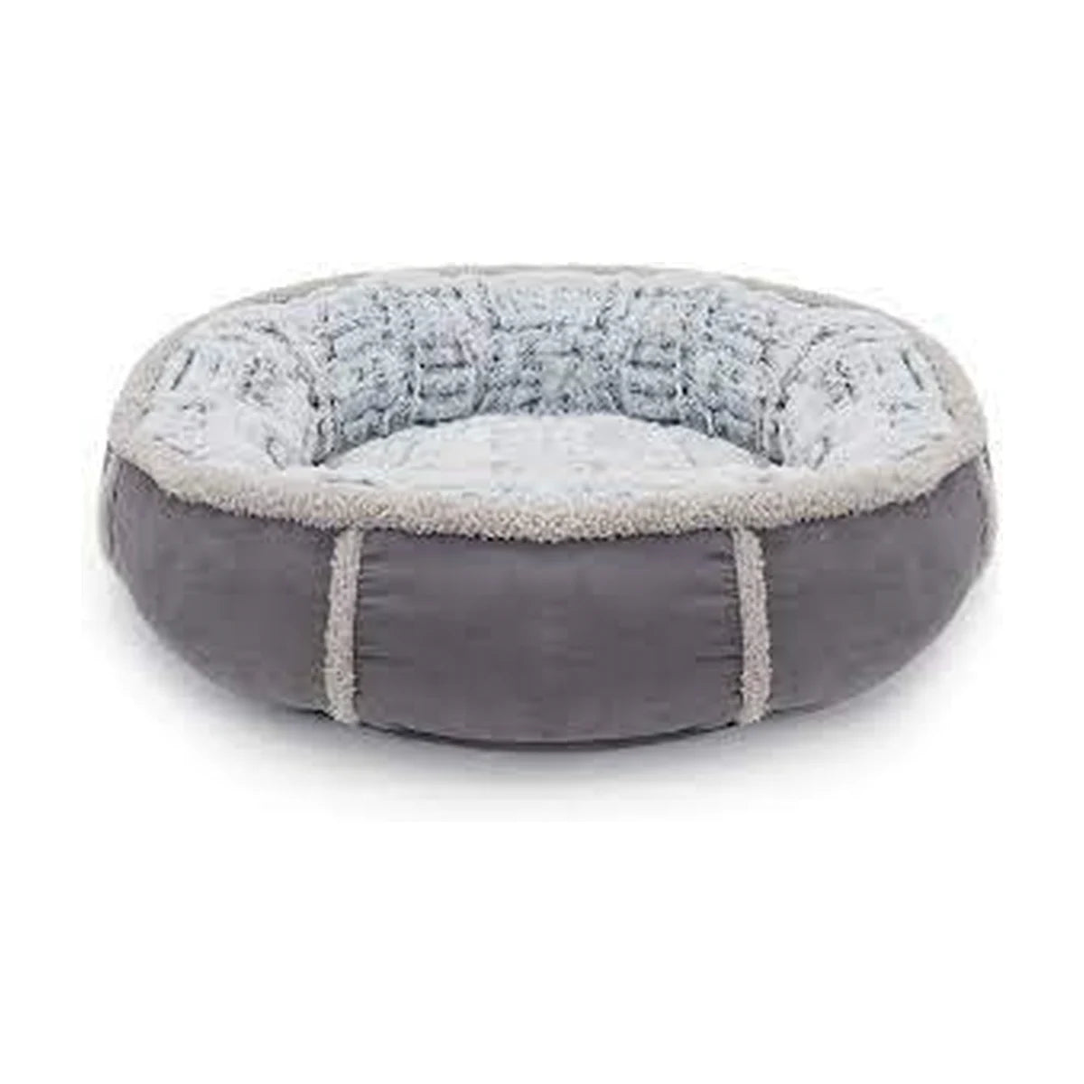 Rosewood Deep Plush Grey Donut Dog & Cat Bed with soft faux suede exterior, luxuriously plush interior and cushioned rounded sides.