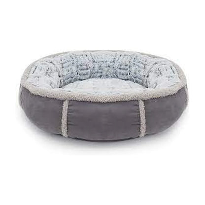 Rosewood Deep Plush Grey Donut Dog & Cat Bed with soft faux suede exterior, luxuriously plush interior and cushioned rounded sides.