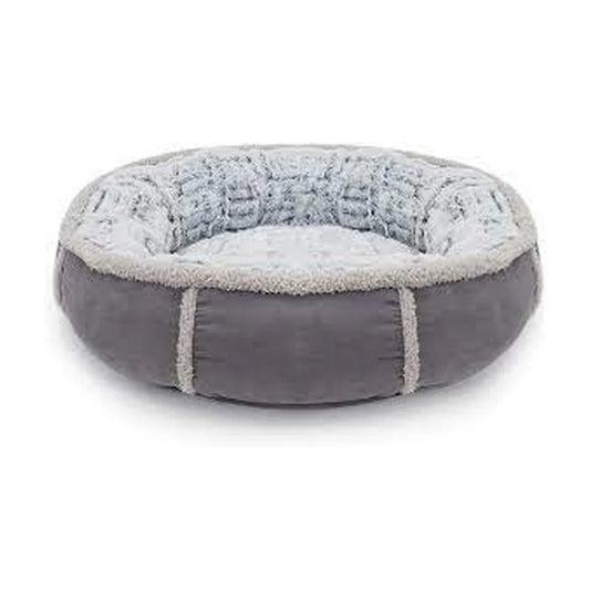 Rosewood Deep Plush Grey Donut Dog & Cat Bed with soft faux suede exterior, luxuriously plush interior and cushioned rounded sides.