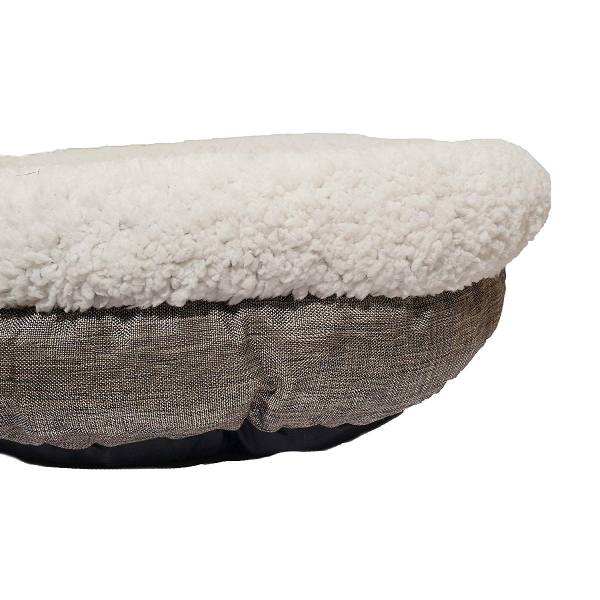 Close-up of Rosewood Deep Tweed Teddy Bear Round Pet Bed showing the thick cream teddy bear fleece rim, textured grey tweed outer fabric and dark base edging.