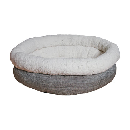 Rosewood Deep Tweed Teddy Bear Round Bed viewed from the front, showing a raised cream fleece rim and neutral grey tweed outer fabric against a white background.