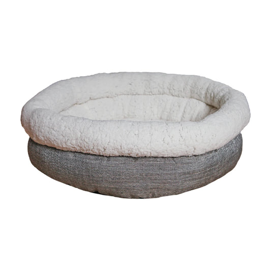 Rosewood Deep Tweed Teddy Bear Round Pet Bed for dogs and cats, featuring a grey tweed exterior, soft cream fleece lining and deep round shape.
