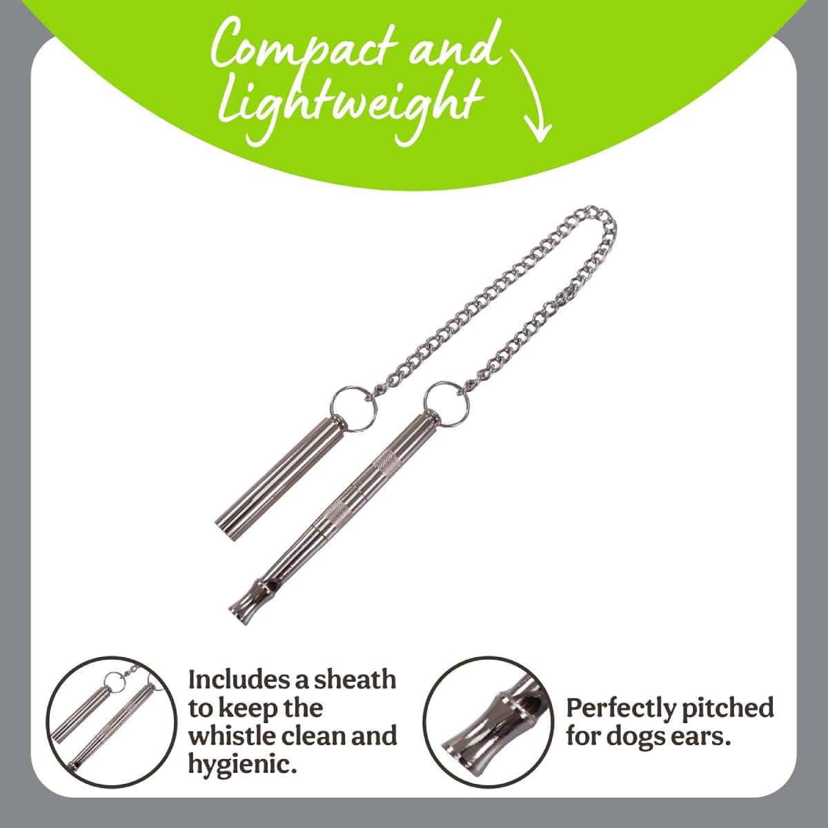 Rosewood Deluxe Silent Dog Training Whistle showing compact design and protective sheath