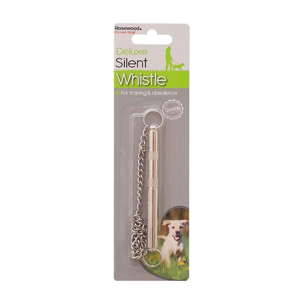 Rosewood Deluxe Silent Dog Training Whistle in retail packaging