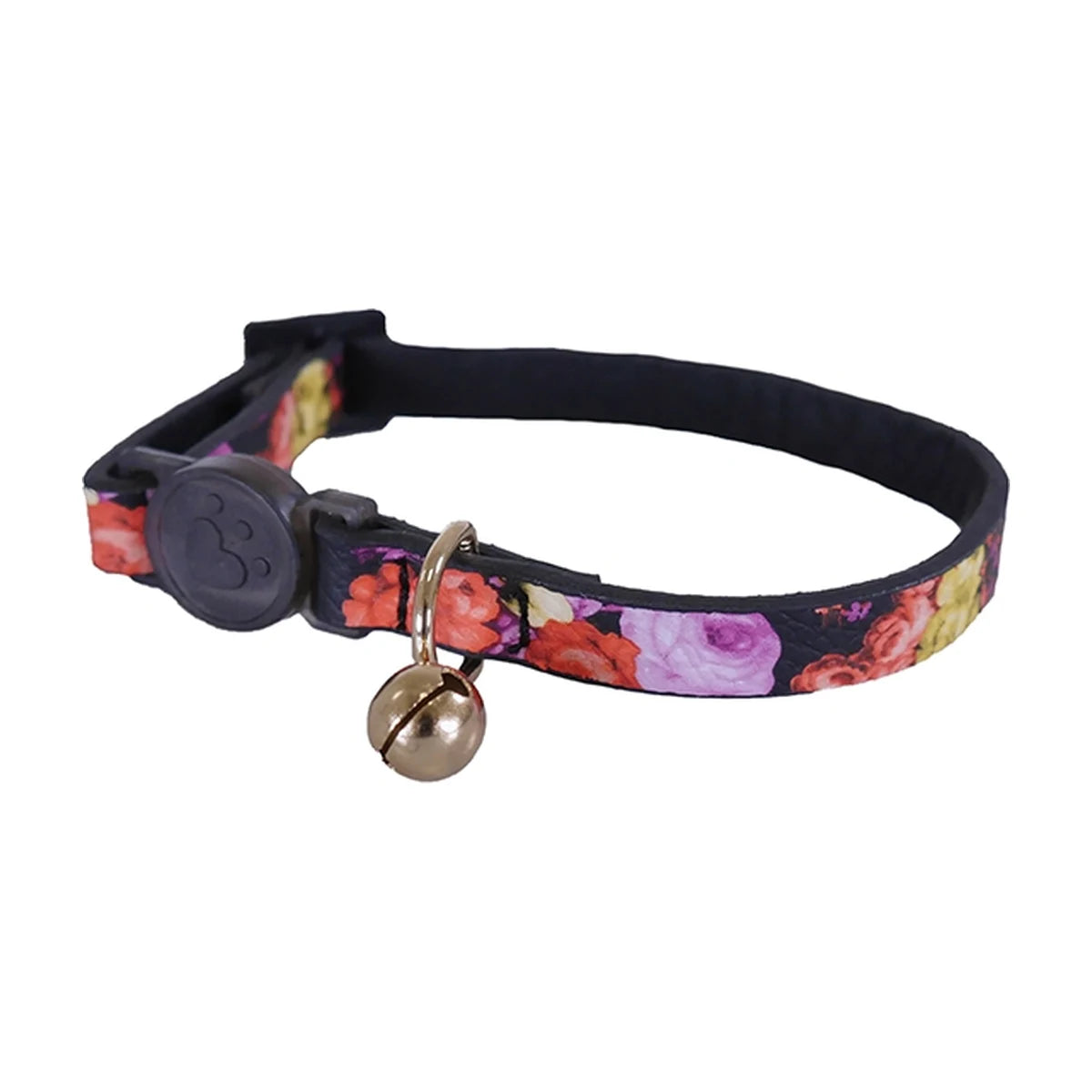 Rosewood Designer Floral Cat Collar with colourful floral print, quick-release buckle and removable bell