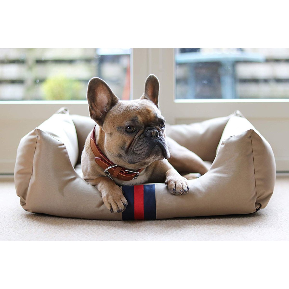 French Bulldog lounging in a beige Rosewood Designer Pet Bed with its front paws resting over the padded striped edge.