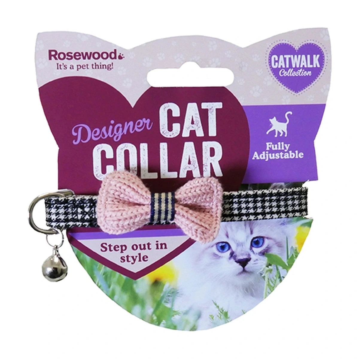 Rosewood Designer Pink Bow Dogtooth Cat Collar in packaging with adjustable design, removable bell and pink crochet bow