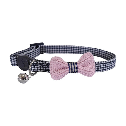 Rosewood black and white dogtooth cat collar with pink crochet bow, removable bell and quick-release buckle