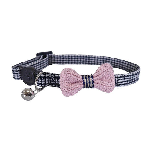 Rosewood black and white dogtooth cat collar with pink crochet bow, removable bell and quick-release buckle