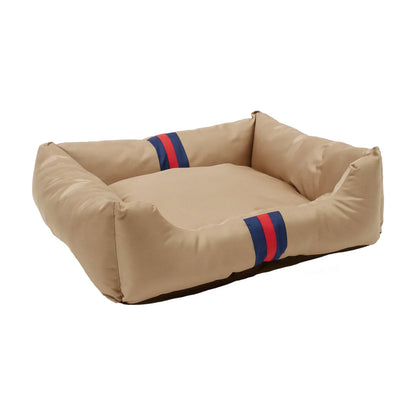 Rosewood Designer Water-Resistant Pet Bed in beige with padded raised sides and navy and red stripe detailing, front angled view.