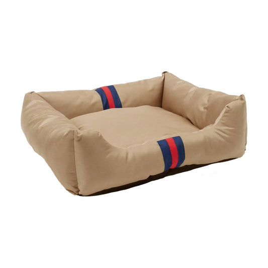 Rosewood Designer Water-Resistant Pet Bed in beige with padded raised sides and navy and red stripe detailing, front angled view.