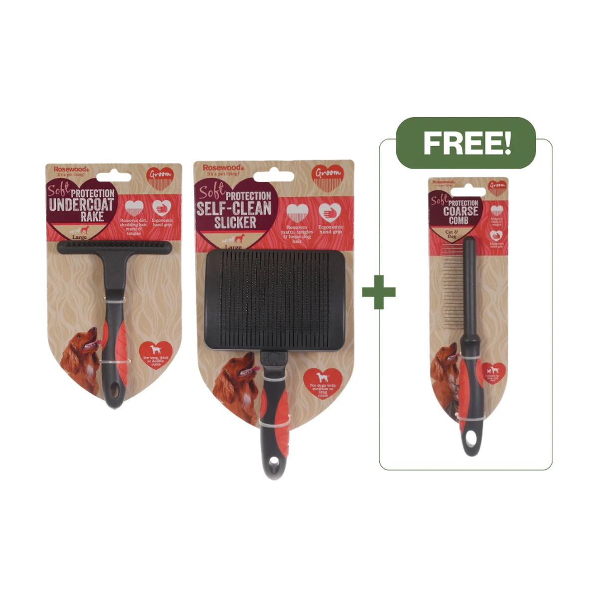 Rosewood Large Undercoat Rake and Self Cleaning Slicker Brush with free Coarse Comb