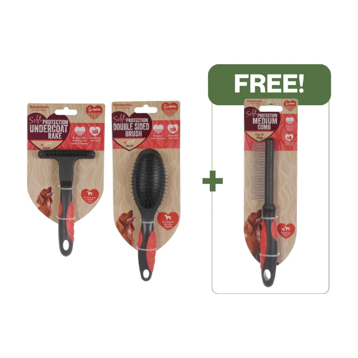 Rosewood Small Undercoat Rake and Medium Double Sided Brush with free Medium Comb