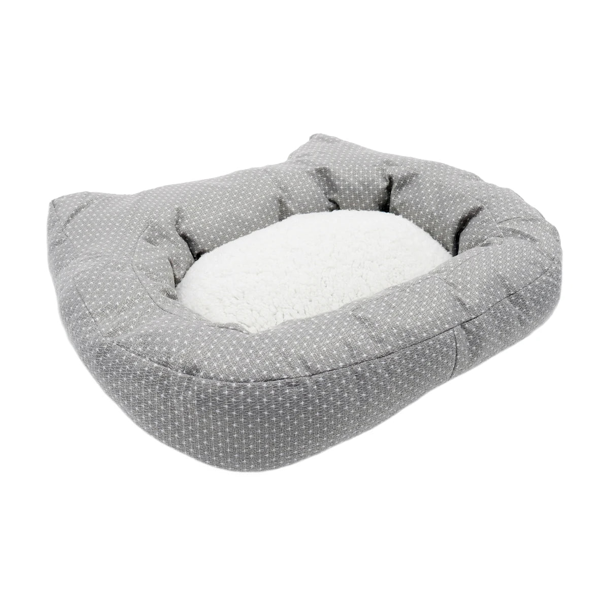 Grey Rosewood Dotty Feline Cat Bed with white fleece centre shown from the front on a white background